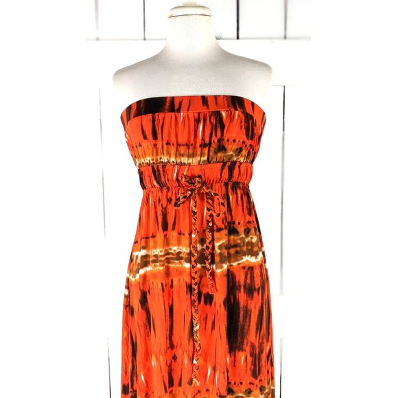 Sele orange brown boho tie dye water color strapless slinky ruffle maxi dress - Picture 2 of 5
